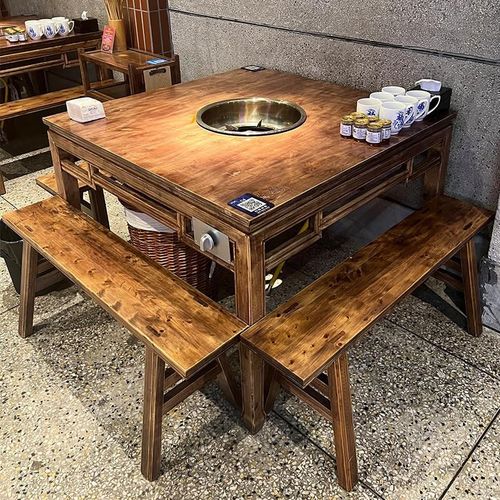 火锅店实木大理石火锅桌子电磁炉燃气灶一体商用串串店岩板火工厂