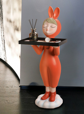 北欧创意电视柜旁边落地摆件少女托盘收纳客厅沙发家居大型装饰品