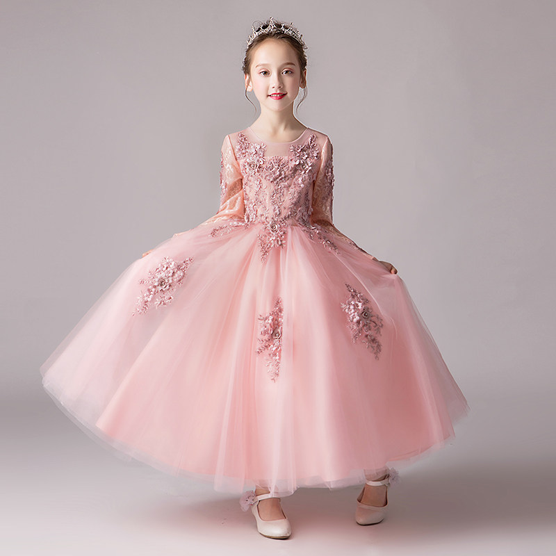 女童礼服粉色公主裙生日花童婚纱儿童小主持人钢琴演出服表演秋冬