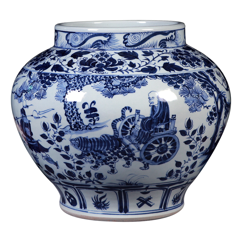 景德镇陶瓷花瓶仿古元青花鬼谷子下山罐大号客厅手绘瓷器摆件萧何