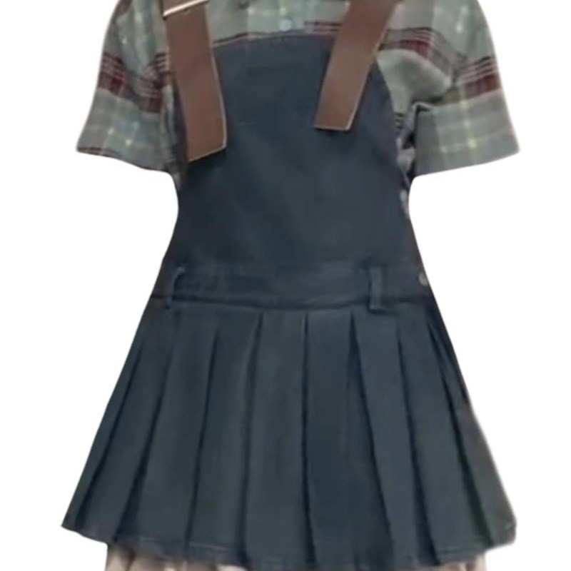 大码胖mm学院风时尚套装女春夏格纹短袖衬衫复古牛仔背带裙两件套