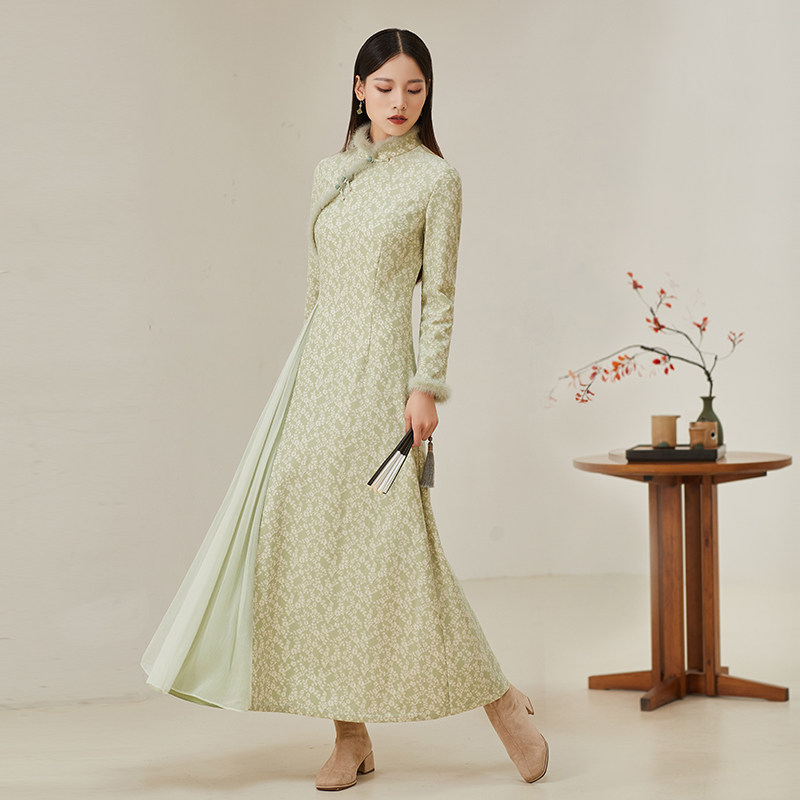 复古秋季2023新款新中式长袖碎花国风连衣裙茶服改良版旗袍年轻款