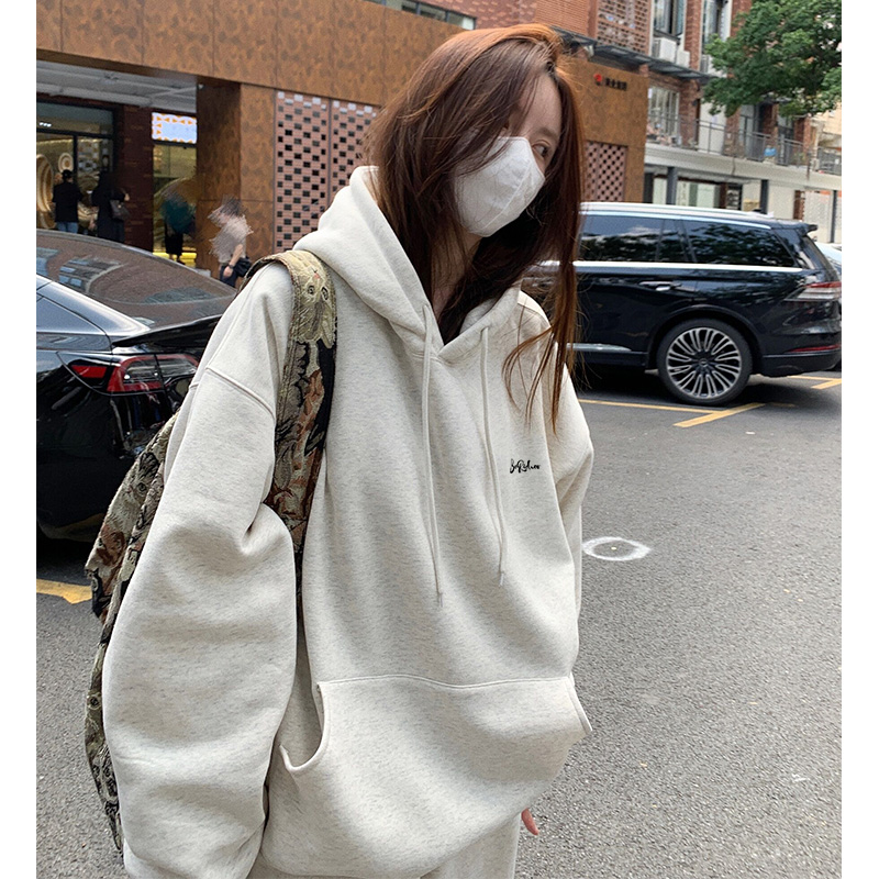 灰色卫衣女花灰连帽美式厚重磅白色加厚即墨秋冬加绒套装2023新款