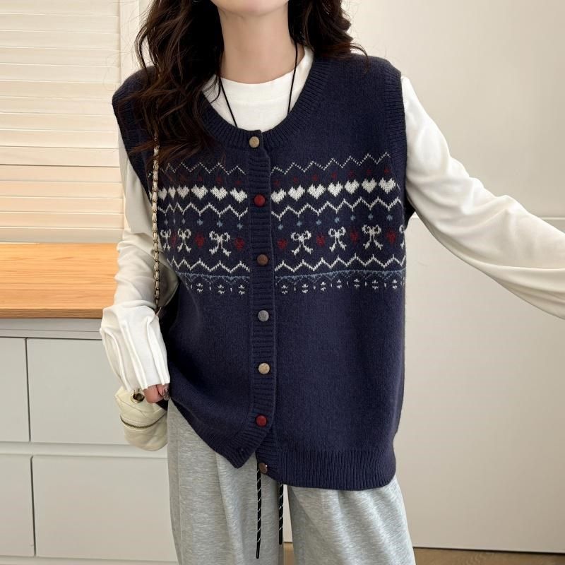 法式复古提花毛衣针织马甲背心女款新款大码春秋季外穿叠穿上衣