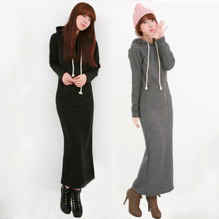 2024春秋冬加绒加厚卫衣长裙长袖连帽修身一步裙保暖显瘦连衣裙