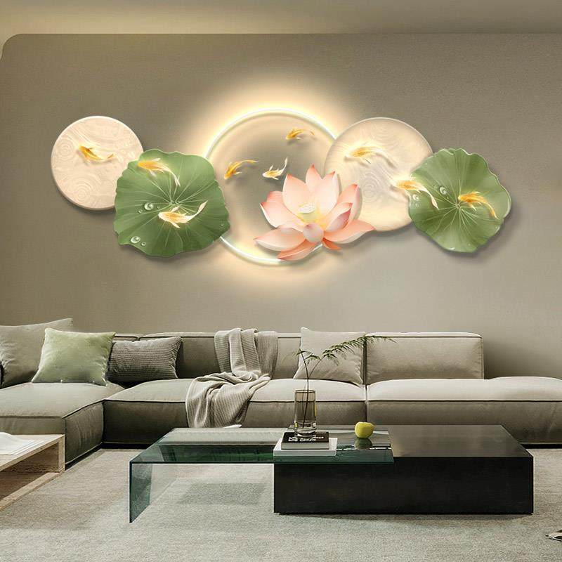 九鱼图荷花客厅装饰画沙发背景墙LED灯光挂画轻奢高级感莲花壁画,家居饰品,现代装饰画,淘宝优惠券,粉丝福利购,淘宝优惠卷