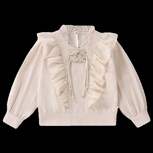 女童国风盘扣上衣春秋款洋气立领白色衬衣长袖古风中大童中式衬衫