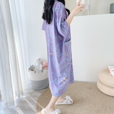 V领短袖夏季卡通纯棉加长款睡裙开衫加加大码孕妇胖MM200斤睡衣女