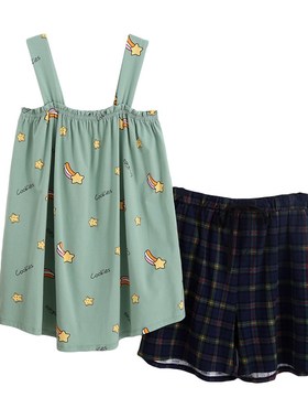 夏季卡通纯棉背心吊带睡衣女加大码短裤套装性感胖MM200斤家居服