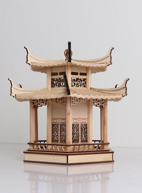 新中式禅意书房摆件创意木质凉亭建筑屋檐样板房间办公桌软装饰品