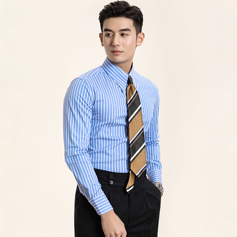 浅蓝条纹长袖衬衫男暗扣商务修身休闲意式长尖领衬衫春秋婚礼正装