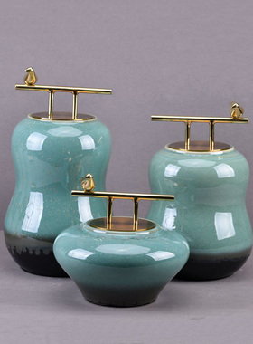 新中式红色陶瓷储物罐摆件书房客厅玄关酒店售楼处办公室书柜装饰