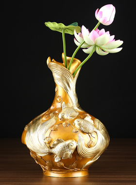 纯铜年年有余花瓶中式客厅办公室装饰品新家摆设礼品铜工艺品