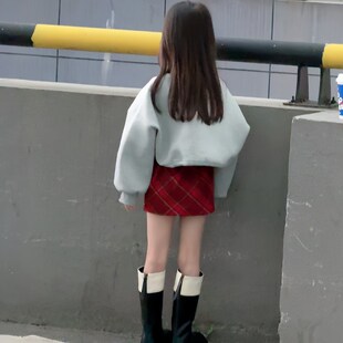 女童春秋红色格子包臀裙儿童洋气高腰圣诞毛呢a字裙复古半身短裙