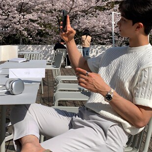 夏季粗麻花白色圆领短袖上衣针织衫毛衣短袖T恤韩国东大门男装潮