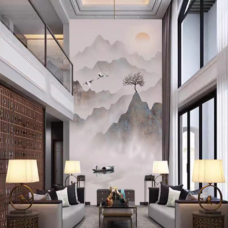 D复式楼走廊国画电视背景墙壁纸水墨山水别墅大型D壁画玄关墙布
