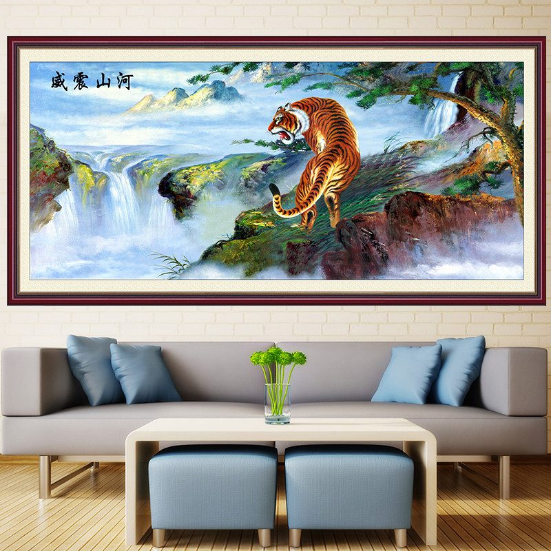 猛虎下山自粘油画布客厅装饰画办公室墙纸山水背景墙壁画五虎临门