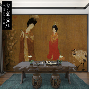 唐代美人簪仕女图墙纸国画中式古典壁纸饭店民宿摄影背景墙壁画
