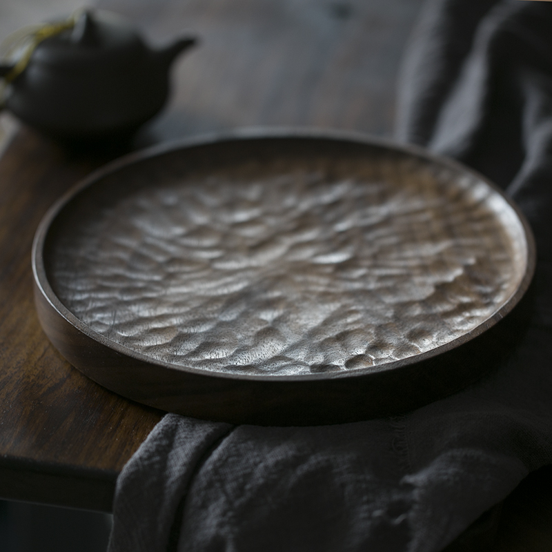 黑胡桃原木干泡台家用日式手工雕刻圆形整块大漆茶盘小型实木托盘
