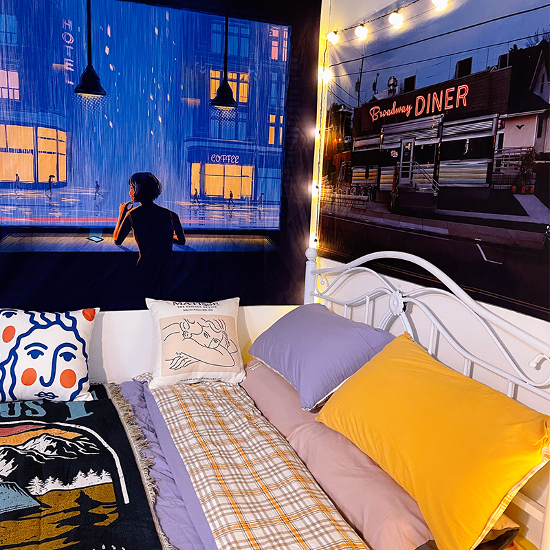 加州旅馆美式夜景背景布 房间卧室装饰床头挂布民宿墙面装饰挂毯