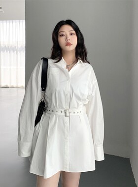 CV大码女装春夏季新款翻领长袖两穿式中长款衬衫连衣裙送腰带胖mm