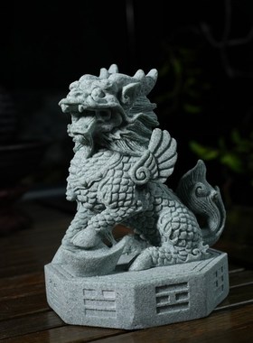 中式招财瑞兽飞天麒麟茶宠摆件穿衣青砂石麒麟一对家居桌面工艺品