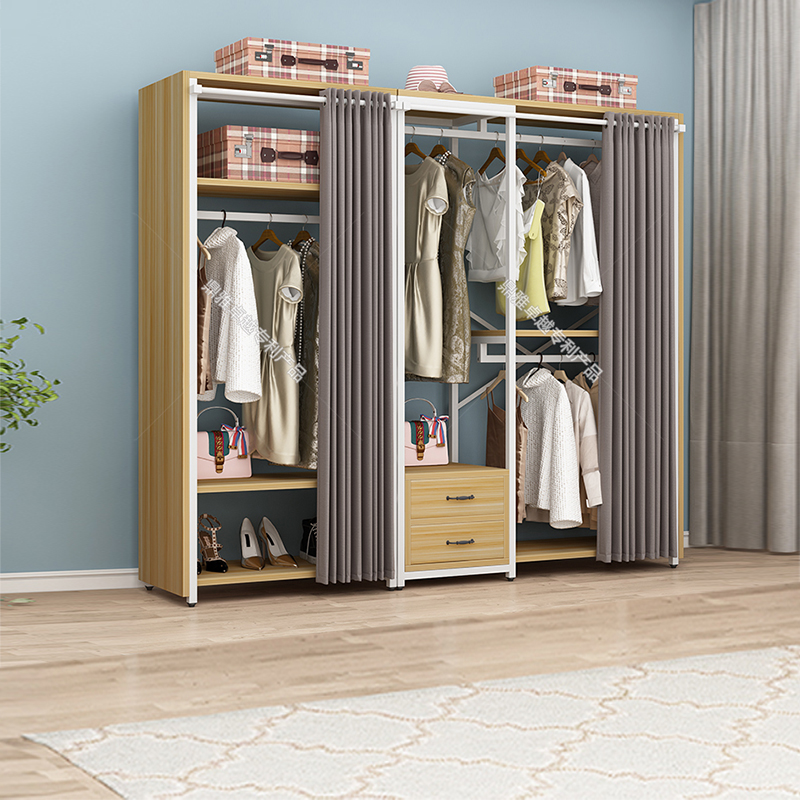 开放式金属衣柜衣帽间实木挂衣架卧室多功能置物架落地防尘带帘子