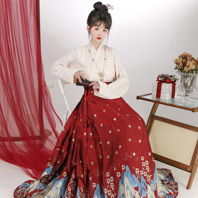 明制汉服马面裙女套装新中式国风红黑色日常改良半身裙织金春季款