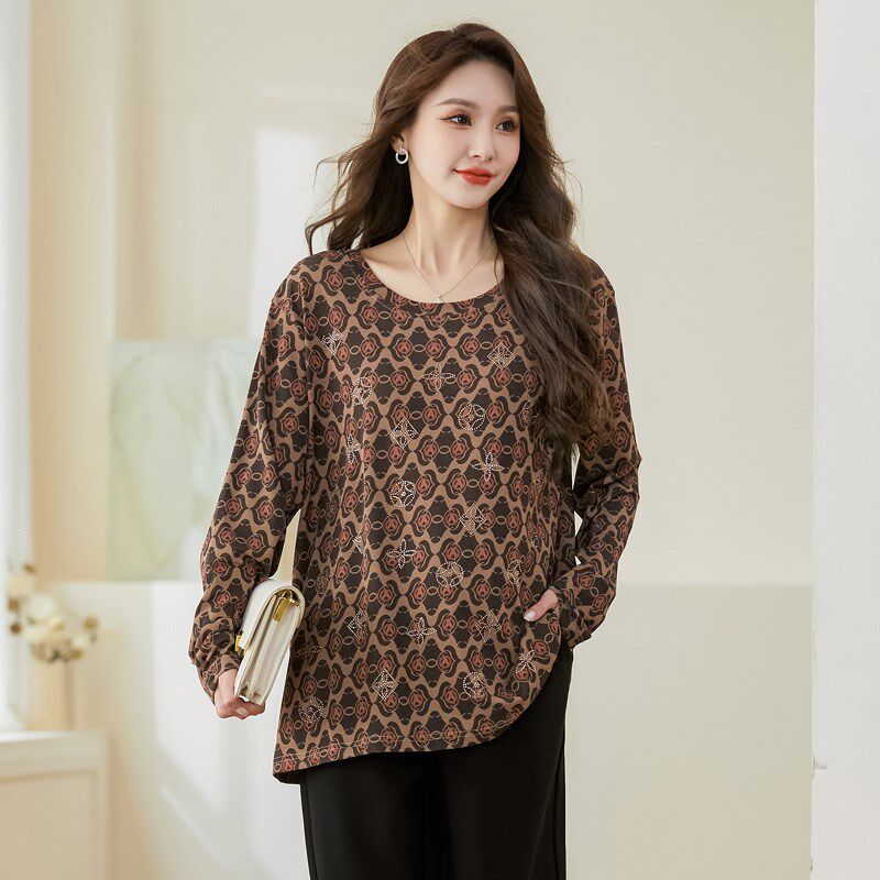 大码女装200斤胖妹妹秋装洋气时尚上衣胖mm宽松显瘦圆领长袖T恤衫