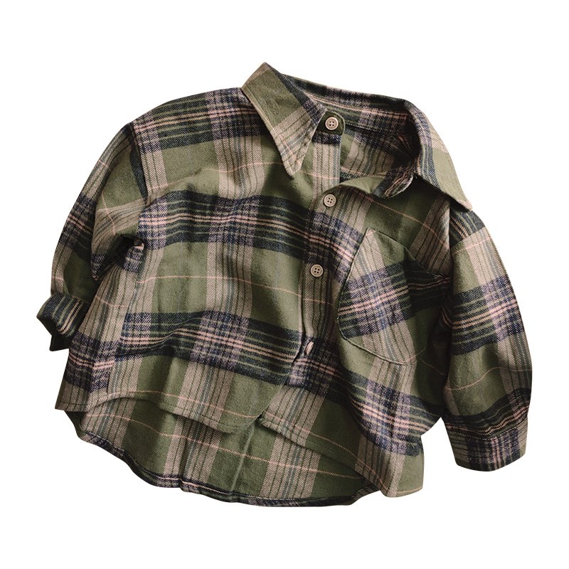 温柔全棉~森系绿格子衬衫 儿童百搭翻领长袖衬衣男女宝宝春秋休闲