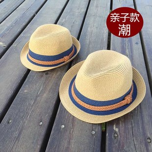 儿童草帽夏男童沙滩帽亲子帽英伦母子男女儿童出游爵士帽礼帽凉帽