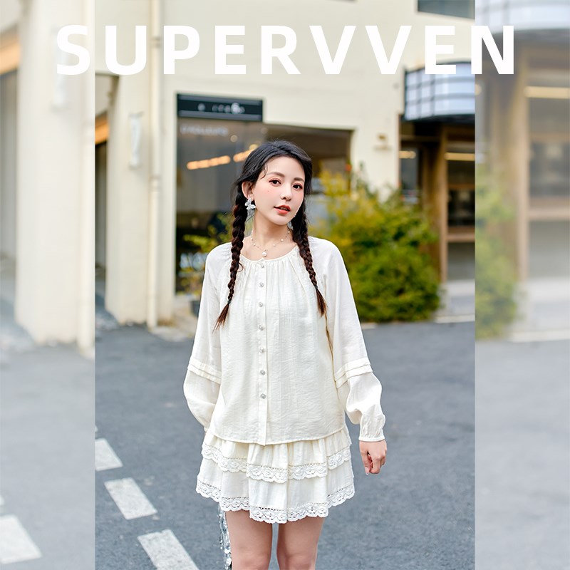 超级文 白云生境灯笼袖简约百搭显瘦长袖小衫白衬衫女微胖大码