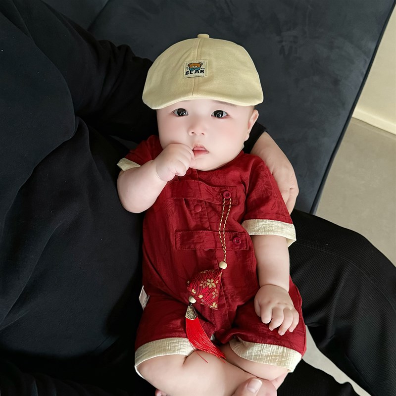 婴儿夏季衣服中式喜庆短袖连体衣宝宝夏天百天宴周岁国风抓周礼服