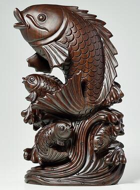 黑檀木雕鲤鱼摆件实木质年年有余桌面店铺客厅乔迁开业装饰工艺品