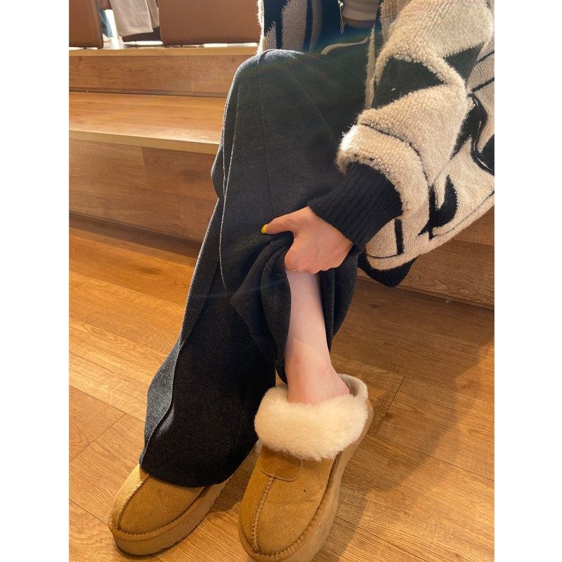 灰色羊毛呢直筒裤女秋冬高腰窄版阔腿裤休闲人字纹加绒加厚西装裤