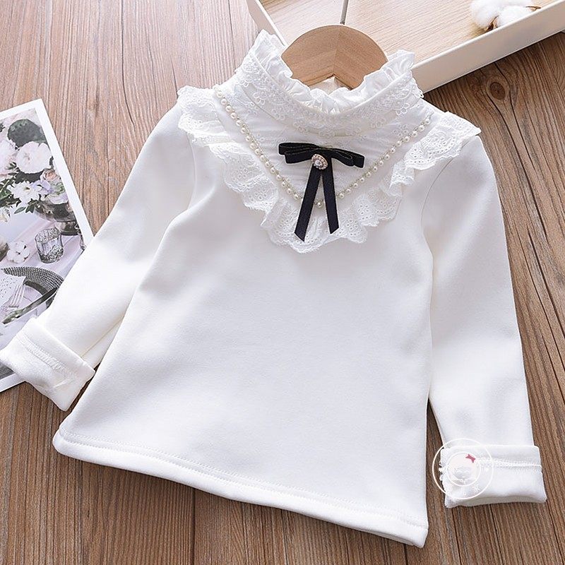 女童加绒加厚打底衫儿童一体绒保暖立领衬衫女孩白色纯棉翻领上衣