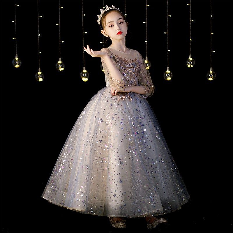 花童婚礼礼服红色新款小女孩生日走秀公主裙蓬蓬纱女童舞台演出服