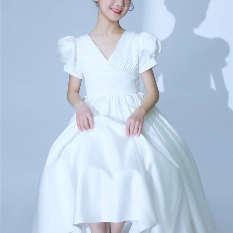 小花童钢琴演出纱裙 儿童白色婚纱礼服 宝宝生日宴大童公主蓬蓬裙