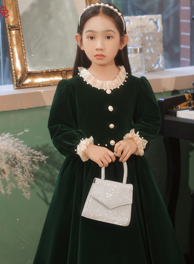 女童晚礼服绿色公主裙儿童高端钢琴演奏主持人花童演出服长袖冬季
