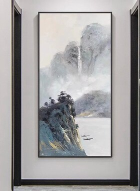 大芬村纯手绘油画新中式山水风景抽象客厅装饰画玄关过道竖版挂画