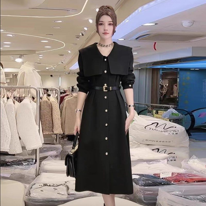 高级感海军领收腰长袖西装连衣裙女2023秋冬季显瘦气质a字裙子