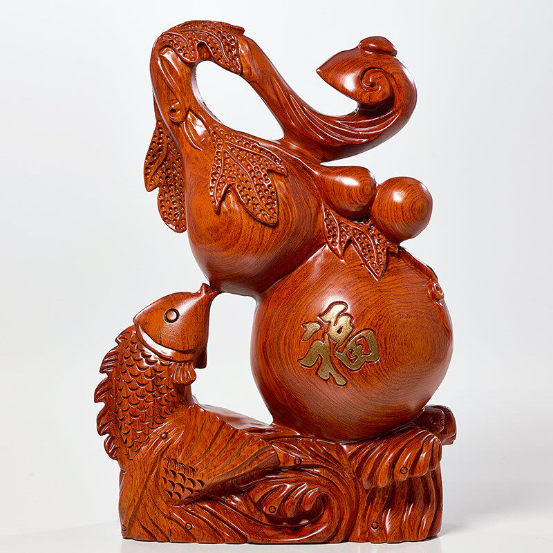 花梨木雕刻福禄有鱼葫芦摆件工艺品实木质植物家居办公室祝福送礼