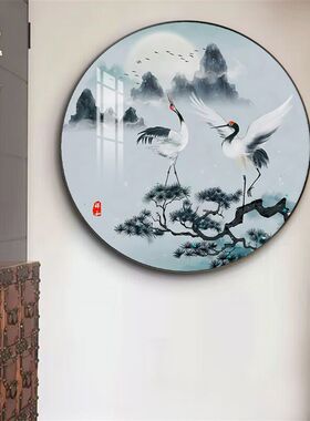 松鹤延年圆形装饰画新中式入户玄关客厅走廊壁画饭厅墙晶瓷挂画