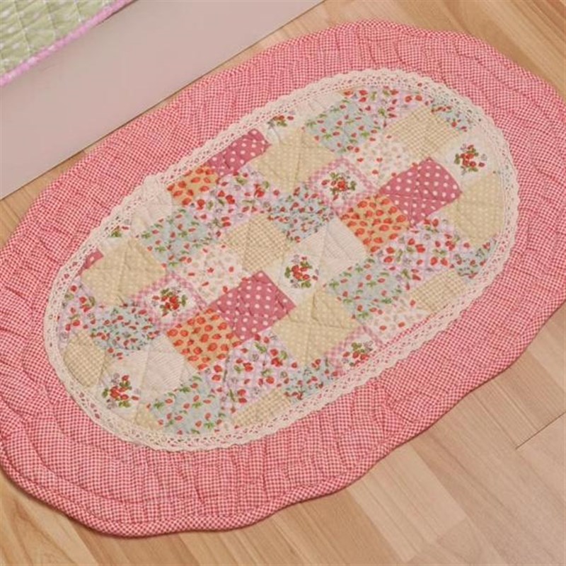 绗缝拼布纯棉地垫防滑椭圆全棉加厚布艺卧室垫子门口入门地毯机洗