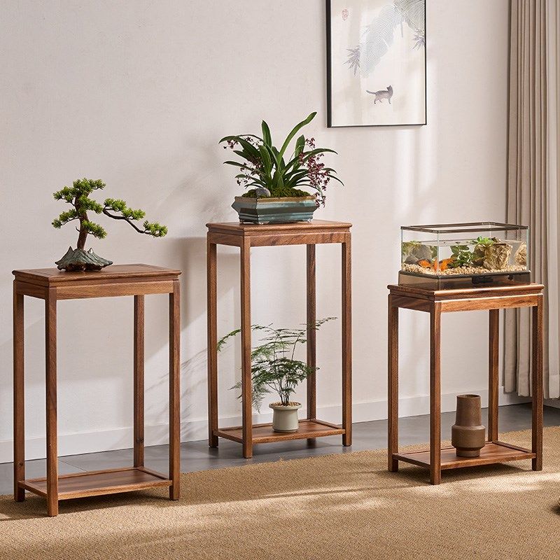 胡桃木长方形整装花架子家用落地实木置物架鱼缸架阳台盆景加长宽