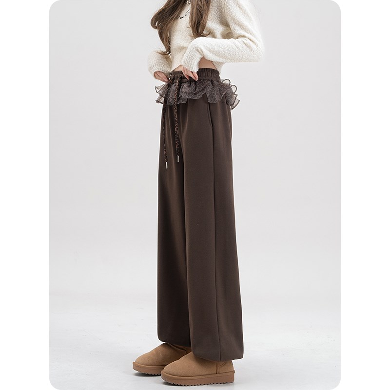 咖色豹纹网纱荷叶边拼接加绒卫裤女冬小个子松紧腰束脚阔腿休闲裤