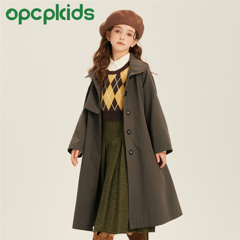 OPCP童装复古立领风衣女童春季新款英伦风百搭大衣男童中长款外套