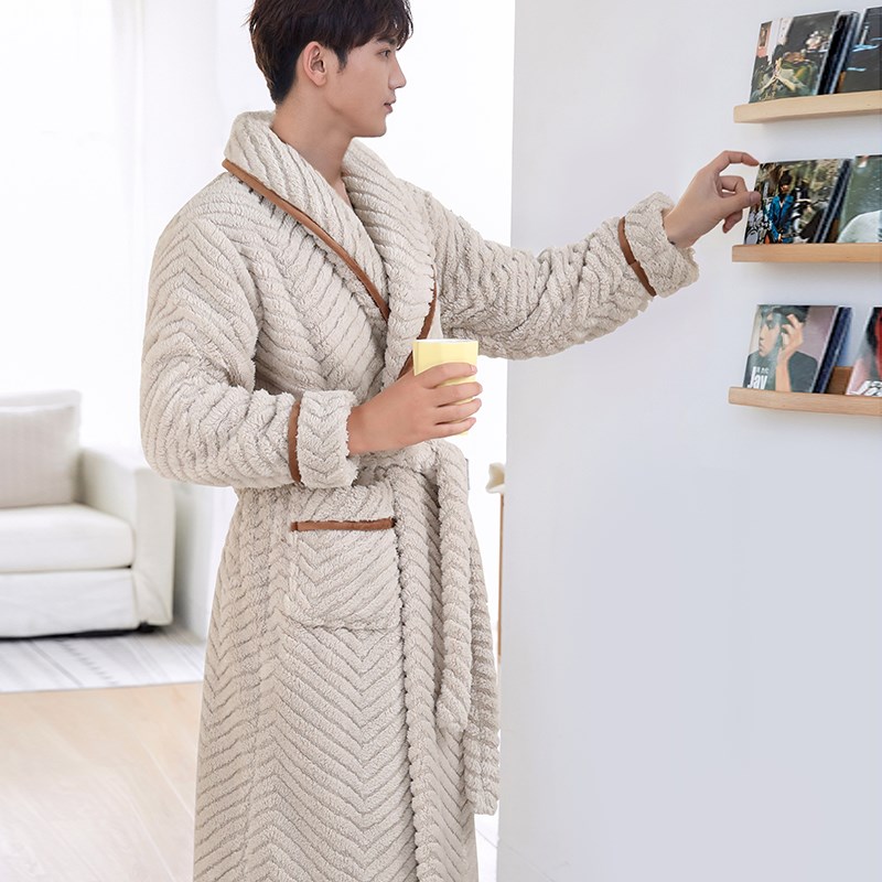 男士睡袍秋冬款冬季珊瑚绒加厚加绒法兰绒浴袍家居服长款男款睡衣