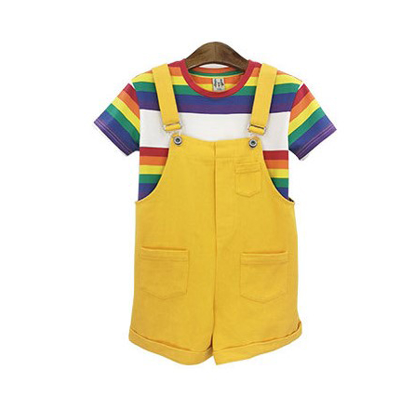 白色背带裤亲子装夏季彩虹条纹短袖母女父子套装纯棉上衣可爱童装