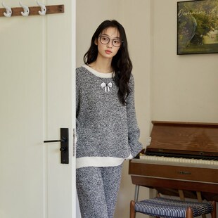 微醺小姐睡衣女套装半边绒冬款2024新款冬季加绒蝴蝶结保暖家居服